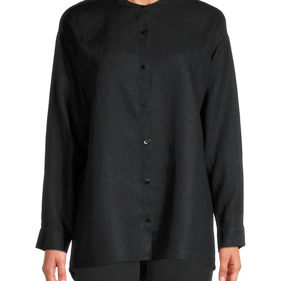 Eileen Fisher | Black Linen Mandarin Collar Shirt - Picture 2 of 5